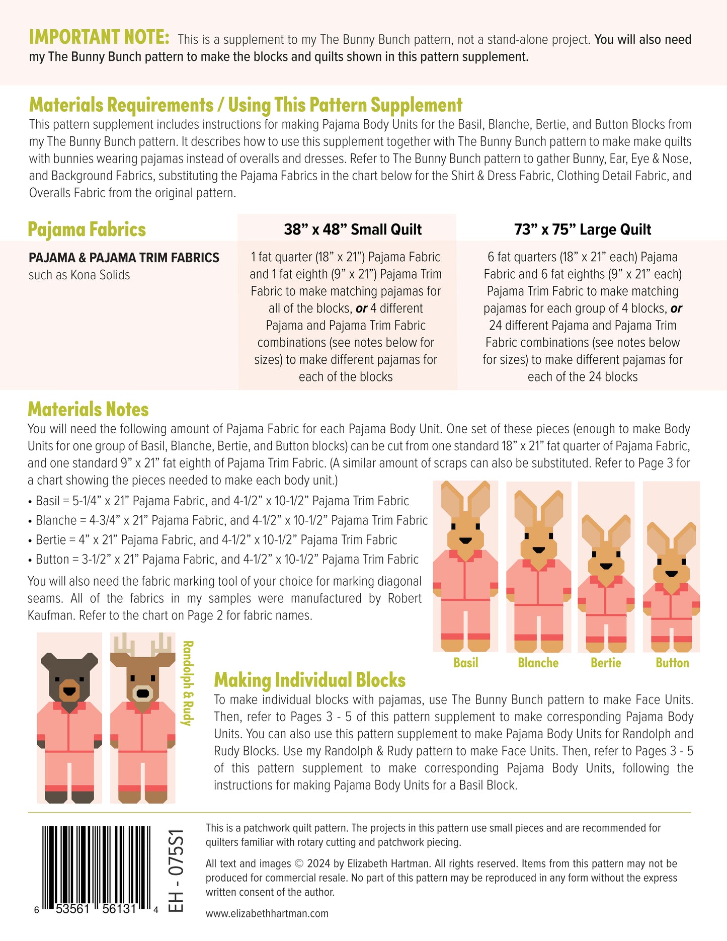 PAJAMAS FOR THE BUNNY BUNCH - PDF quilt pattern supplement