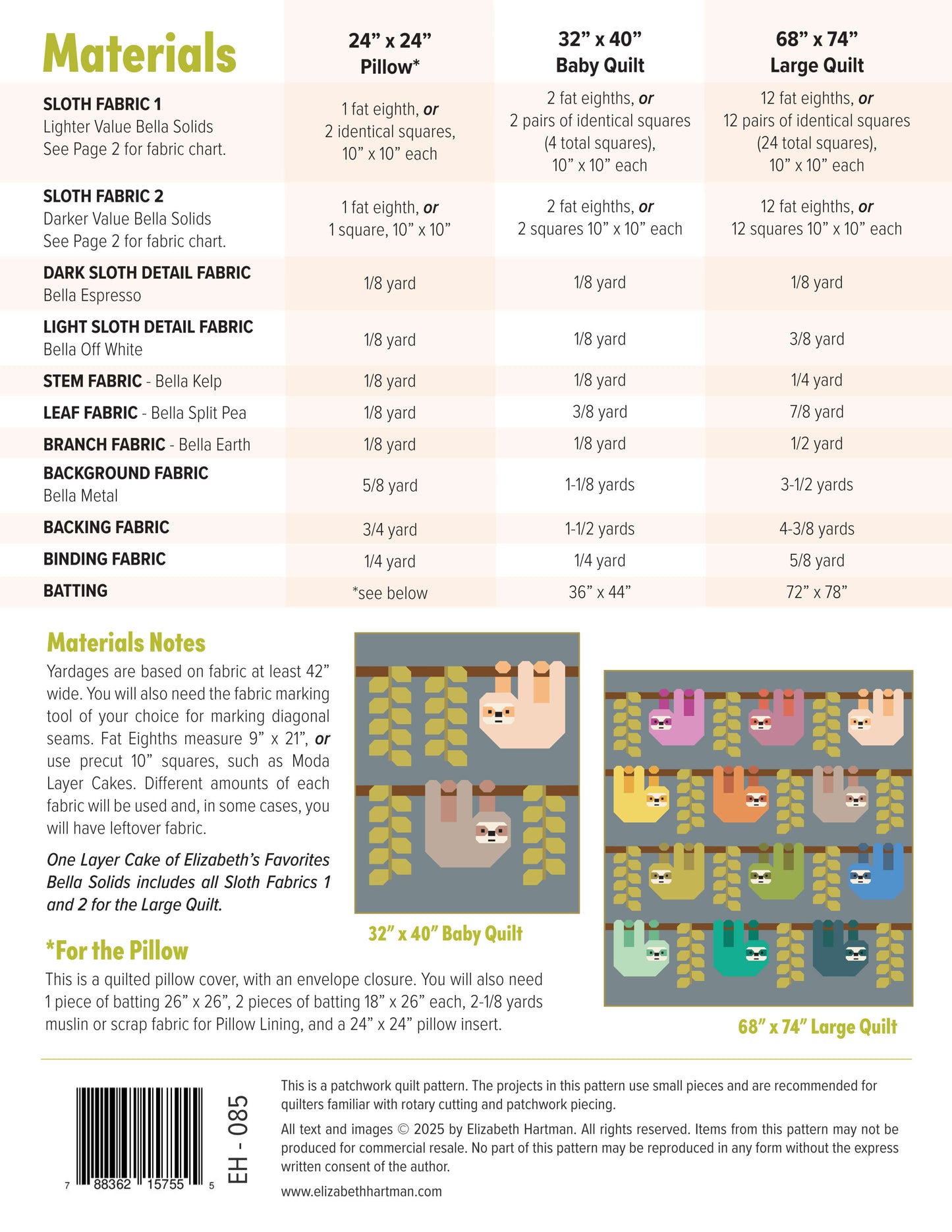 SNUGGLY SLOTHS pdf quilt and pillow pattern